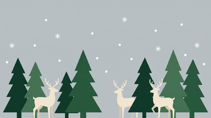 Fototapeta premium Minimalist winter landscape with white deer and green pine trees under falling snow, ideal for holiday greeting backgrounds.