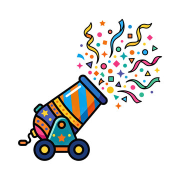 Party confetti cannon vector icon. Colorful celebration popper with streamers and shapes.