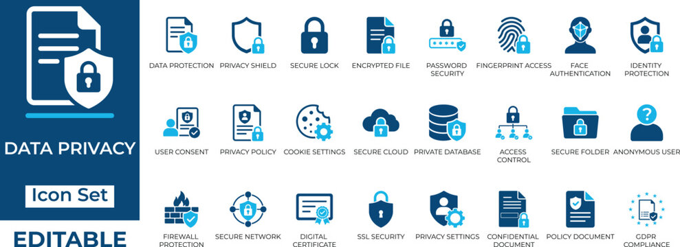 Data privacy, cyber security, and GDPR compliance vector icon set. Features shield, lock, encryption, and secure network symbols.