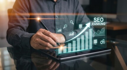 Fototapeta premium Businessman analyzing SEO ranking graph with digital overlay in warm office lighting