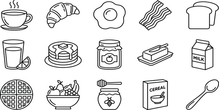 Morning breakfast vector icons set with coffee cup, fried egg, pancakes, croissant, and bacon line art illustration for cafe menu design