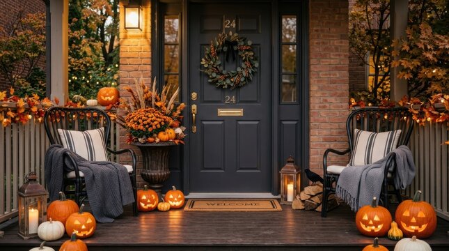 Halloween decorated front porch with pumpkins and wreaths