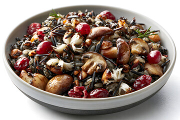 Fototapeta premium Freshly Cooked Rice Bowl with Mushrooms and Berries Against White Background