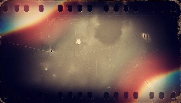 Deteriorated dark film strip frame reveals scratched grainy emulsion, dust spots, and warm  light leak glow.
