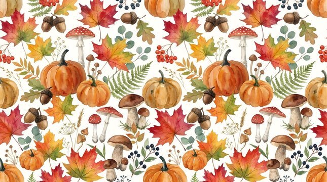 Autumn harvest pattern with pumpkins leaves and mushrooms