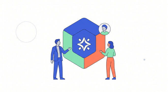 Business People Interacting with Large Digital Technology Cube for Cloud Storage and Software Solution Flat Vector Illustration