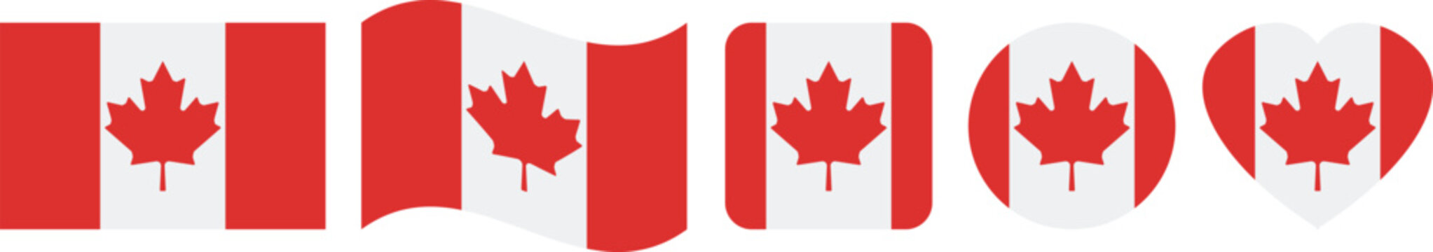 canada flag icon set vector, canadian national flag in rectangle waving round and heart shapes isolated on white background