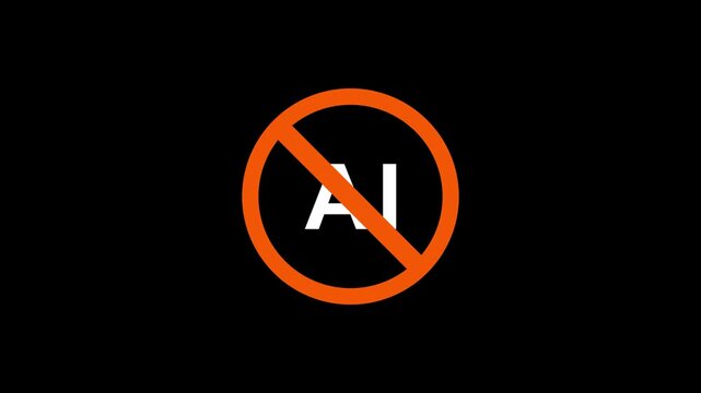Glowing prohibition sign with white AI text on black background symbol stop .4k motion graphics video animation