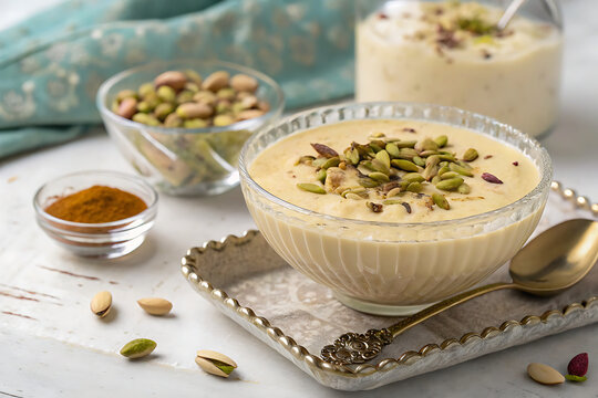 Luxury commercial shot of basundi with pistachio garnish