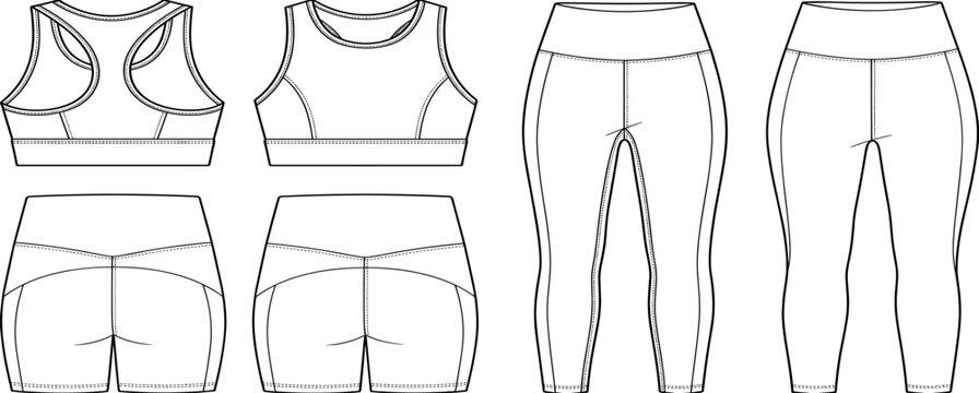 Fashion technical sketch vector collection of women activewear set including sports bra high waisted shorts and leggings templates