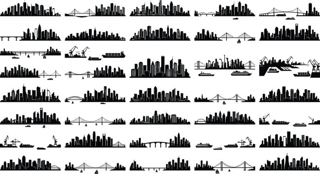 Black silhouettes of megacity skyline grids showcasing industrial harbor docks container loading cranes and transit waterways layouts