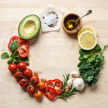 Fresh ingredients arranged in a circle on a wooden table including avocado lemon and vegetables