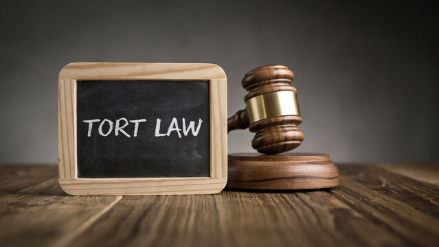 Tort Law Concept with Judge Gavel and Chalkboard on Wooden Desk