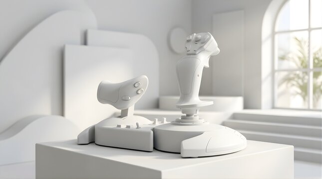 Retro Flight Simulator Joystick and Throttle Control Set Displayed on Pedestal in Minimalist Studio Environment