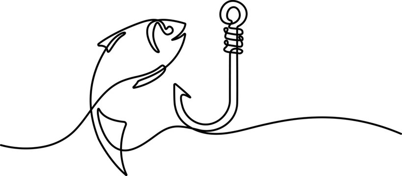 Continuous single line drawing of a fish and a fishing hook isolated on a white background for minimalist design and creative logos isolated on white background, Vector, illustration