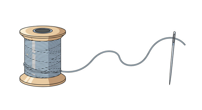 Wooden spool of blue thread with a long strand leading to a sharp metal needle used for sewing and professional garment repair.