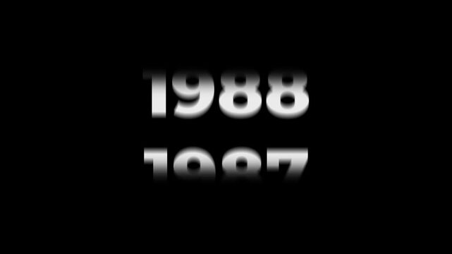 Reverse 47 year counter animation scrolling back from 2026 to 1979. White 3D text on black background. Going back in time flashback and history timeline motion graphics concept.