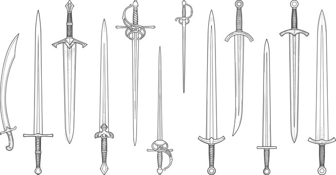 Hand Drawn Medieval and Fantasy Sword Collection Vintage Line Art Vector Illustration Set