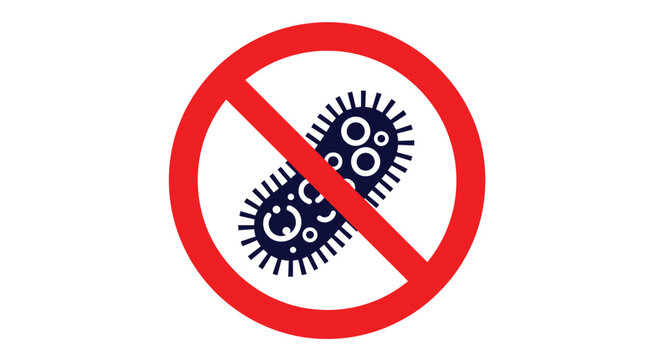 Red prohibition sign over a microscopic bacteria icon symbolizing hygiene, disinfection, and germ protection.