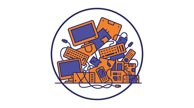 Pile of old electronic devices, outdated technology, e-waste concept illustration