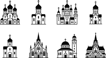Orthodox Church and Christian Cathedral Silhouette Icon Set Featuring Traditional Architecture Elements with Crosses and Domes for Religious Graphic Designs © khadija