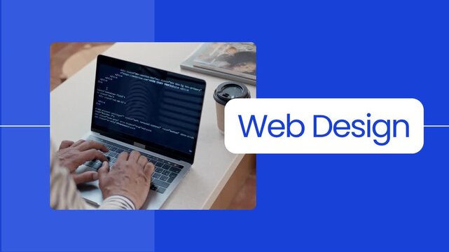 Web Design concept video with developer coding on laptop, professional programmer working on software development, blue digital interface background