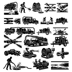 Obraz premium Sewer Jetting Truck and Drain Cleaning Pipeline Inspection Silhouette Set