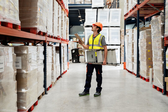 Warehouse worker checking inventory carrying ladder