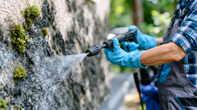 Realistic backyard maintenance scene showing a person in protective gloves using a high pressure washer to clean mold from an exterior stucco wall, textured plaster surface, dynamic water spray, res