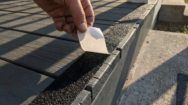 A hand applies black anti-slip safety tape to the edge of a wooden deck under bright outdoor sunlight on steps