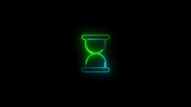 Glowing neon line Old hourglass with flowing sand icon isolated on black background.