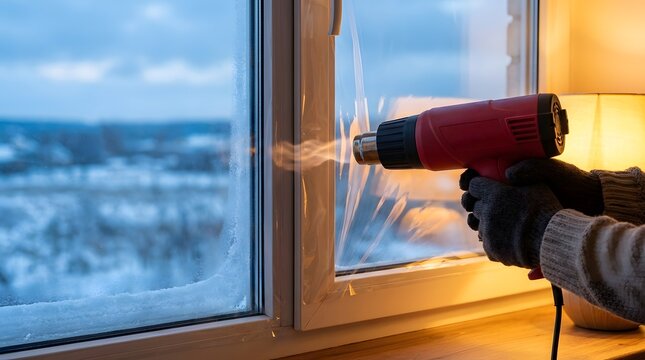 Person using a red heat gun to apply plastic insulation film to window during a cold snowy winter day at home.