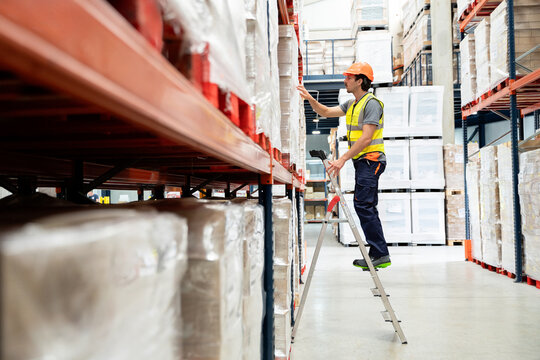 Warehouse worker checking inventory on high shelf with ladder
