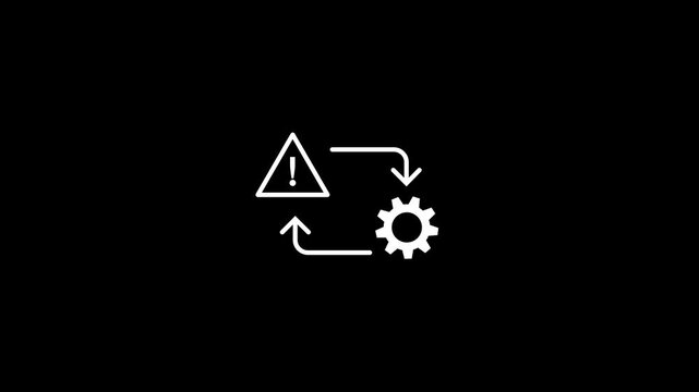Animated risk management process line icon with blinking alert and warning symbols, featuring a rotating gear.4k Video