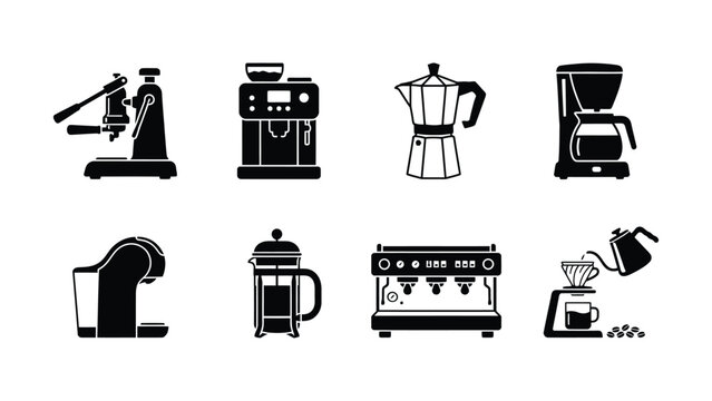 Black and white coffee maker icons