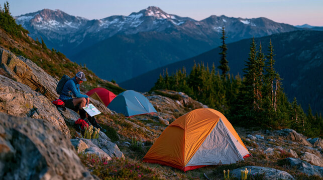 Trail runners return to a basecamp tent cluster at treeline after an alpine loop, removing gaiters and comparing route notes on paper topo maps, mountains still catching sun above while the valley b