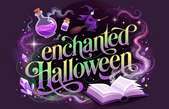 Enchanted Halloween typography banner with magic spellbook witch and potions