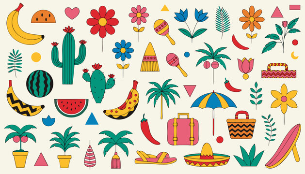 Set of mexican summer travel and vacation elements. tropical flora and objects.