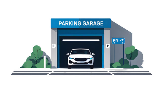 Modern white car entering or exiting a parking garage, isolated on transparent background.