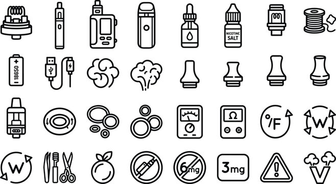Vape and Electronic Cigarette Icon Set Featuring Outline Symbols for Vaping Culture, E-liquid Bottles, Mods, Coils, and Accessories
