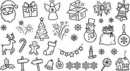 Fototapeta premium Christmas Winter Holiday Celebration Icon Set Featuring Line Art Doodle Symbols for Greeting Cards, Seasonal Decorations, and Gift Wrapping Designs