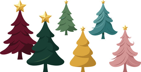 Fototapeta premium Colorful Christmas Tree Vector Illustration Set with Golden Stars for Winter Holiday Decorations, Greeting Cards, and Festive Patterns