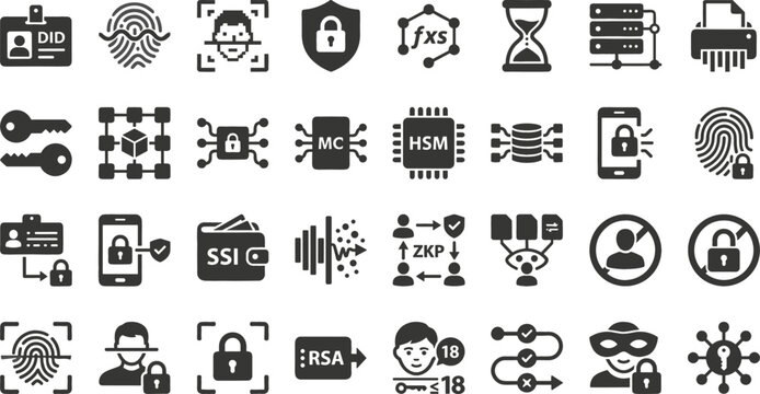 Cryptographic Security and Data Privacy Solid Icon Set Featuring Hardware Security Modules, Blockchain, Zero Knowledge Proof, Biometric Authentication, and Identity Protection Symbols