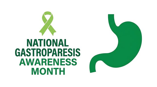 National gastroparesis awareness month with stomach icon and green ribbon