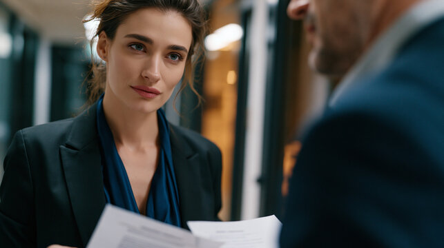 Administrative coordinator navigates between two senior colleagues who have stopped speaking to each other directly, visibly serving as a communication intermediary by holding printed memos from eac