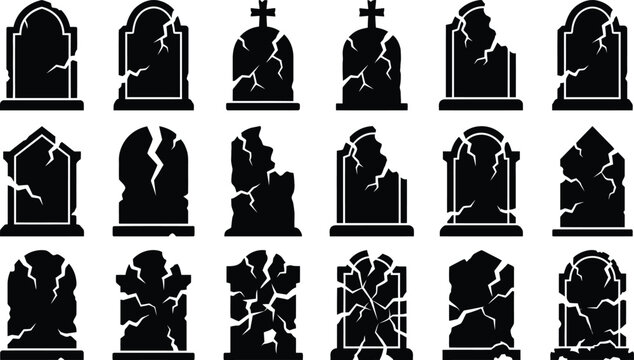 Halloween silhouette vector collection cracked tombstones for spooky decor