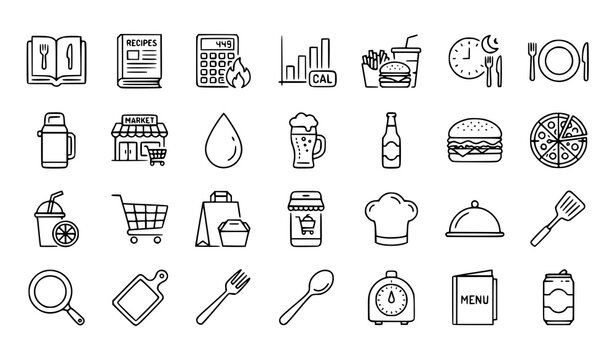 Modern Food and Beverage Outline Icons Collection with Recipe Book Calories Beer Pizza and Juice Vector