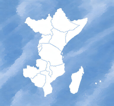 East Africa Map with Country Borders on Blue Background