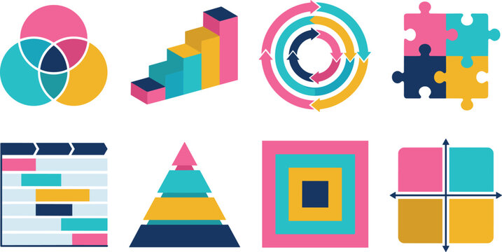Business Infographic Element Set with Colorful Charts Diagrams and Marketing Icons Isolated on White