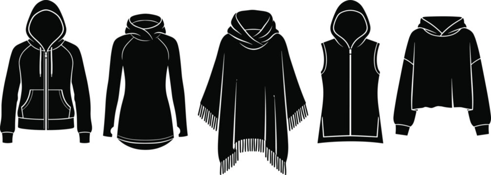 Black silhouette collection of women winter apparel including hoodies sweatshirts and fringe poncho isolated on white background